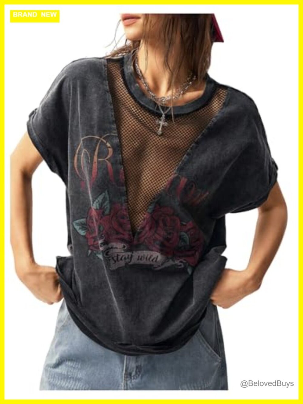 Women's Graphic Mesh Sheer Short Sleeve Crew Neck T-Shirt Y2k Goth Streetwear